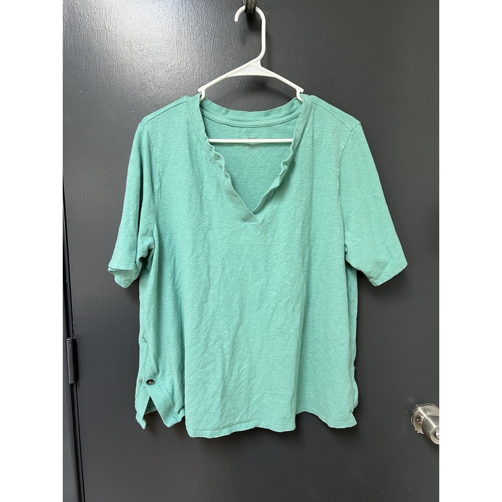pure jill Women's Blue V Neck Short Sleeve Button Side Top Sz 2X Hemp Cotton